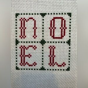 NOEL in a window pane design Counted Cross Stitch, completed needlework panel